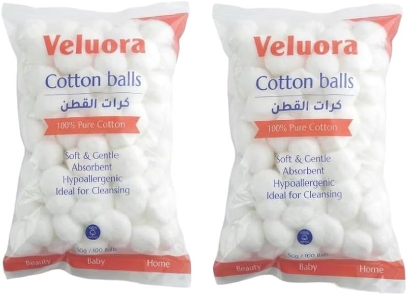 Veluora Cotton Balls 100% Pure Cotton | Soft, Highly Absorbent & Hygienic | Gentle for Baby Care, Makeup Removal & Medical Use | White Cotton Balls | 100 Pieces Each (Pack of 2) - Image 1