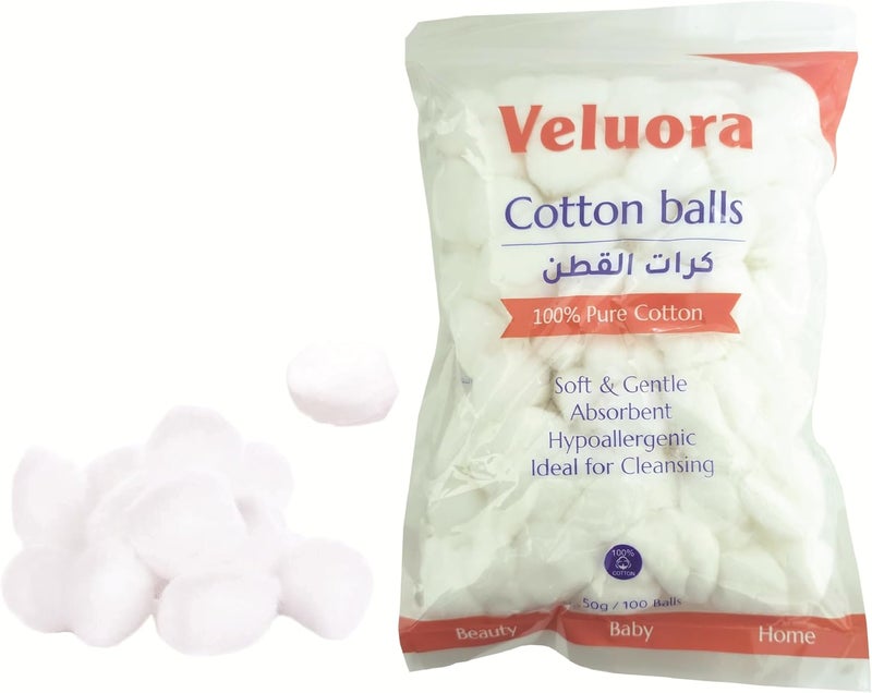 Veluora Cotton Balls 100% Pure Cotton | Soft, Highly Absorbent & Hygienic | Gentle for Baby Care, Makeup Removal & Medical Use | White Cotton Balls | 100 Pieces Each (Pack of 2) - Image 2