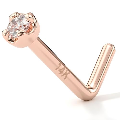 Body Candy 20 Gauge 1/4" at Bend 14k Rose Gold 1.5mm Diamond (0.015 cttw) L-Shaped Nose Ring Nose Stud - Image 1