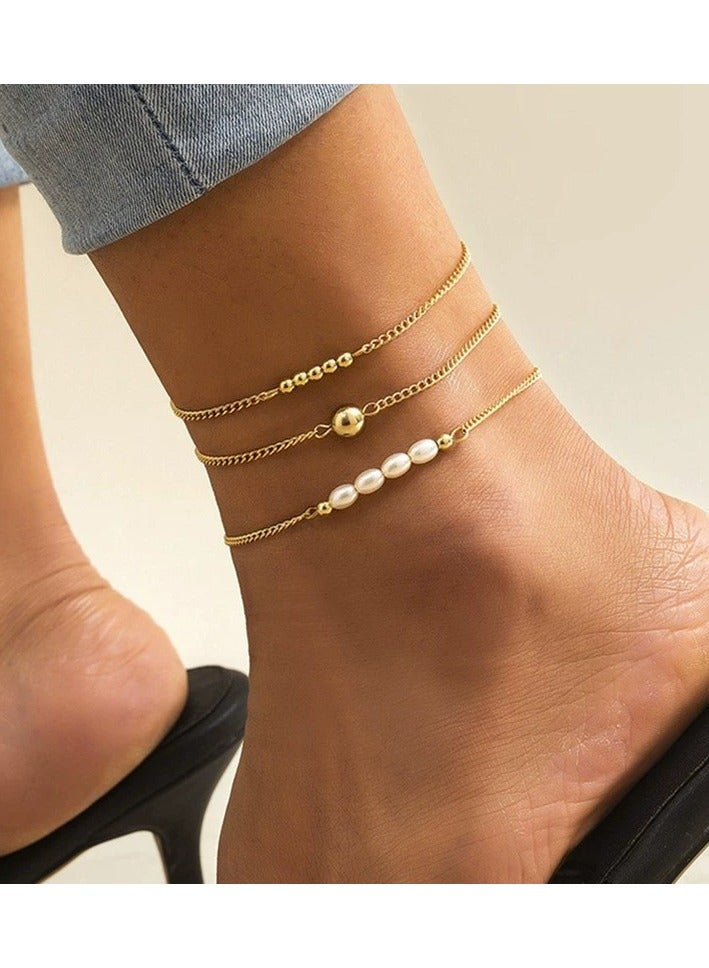 Goolsky سوار كاحل مزيف من اللؤلؤ متعدد الطبقات من المعدن والخرز الدائري بأسلوب بوهيمي للنساء - مجوهرات قدم بسيطة للشاطئ، أسلوب بوهيمي