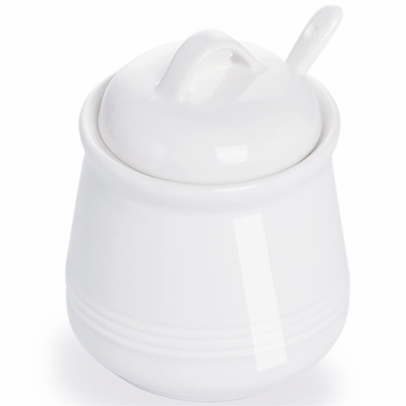 HAOTOP HAOTOP Porcelain Sugar Bowl Ceramic Salt Bowl with Spoon and Lid for Home and Kitchen 12 Ounces White 