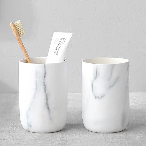 BSDISP Marble Toothbrush Holders - 2 Ceramic Toothbrush Holders for Bathrooms Toothbrush Toothpaste Holders Set, White Bathroom Tumbler Cups Reusable Toothbrush Mouthwash Cup, Bathroom Counter Organizer. - Image 1