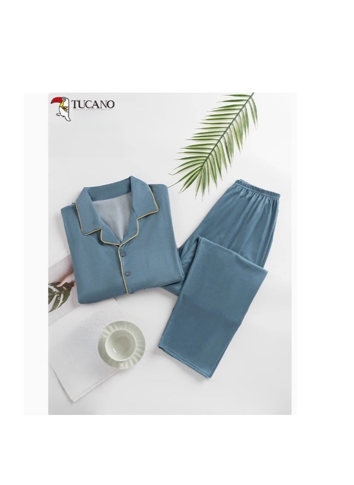 Tucano - Men's Pure Cotton Long Pants Long Sleeved Loose Sleepwear Home Suit Set - Image 1