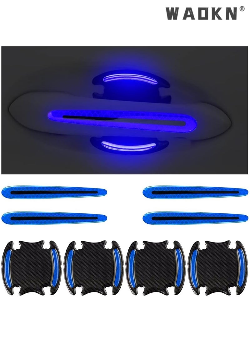 WAOKN 8PCS Car Handle Cup Protector Reflective Stickers, 3D Carbon Fiber Door Bowl Paint Scratch Protective Film, Night Visibility Door Cover Guard Strips, Warning Decals Universal for Most Cars (Blue)  - Image 1