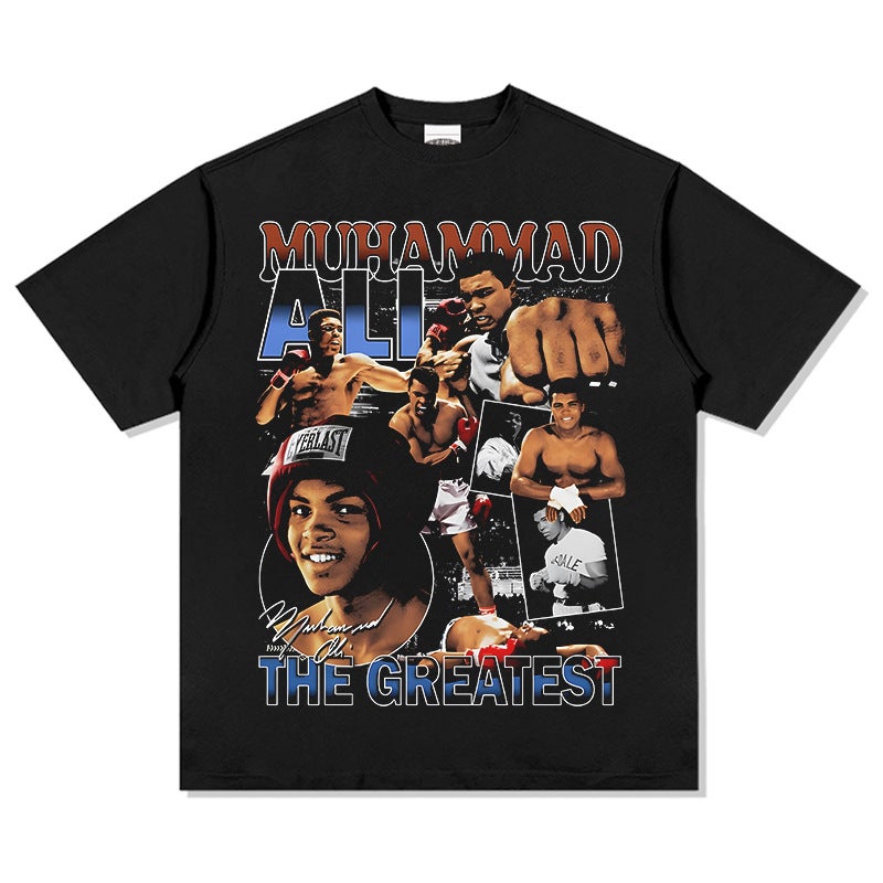 Cross-border American MuhammadAli Muhammad Ali Printed Short-sleeved T-shirt Heavy Long-sleeved Crewneck Hooded Sweatshirt black short sleeve