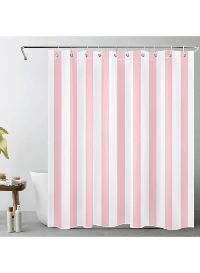 LB Pink and White Striped Fabric Shower Curtain for Bathroom with 10 Hooks, Vertical Stripe Geometric Shower Curtains for Bathroom, Modern Farmhouse Chic Style Bathroom Shower Curtains, 60x72 Inch - Image 1