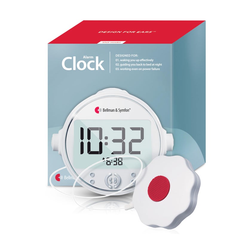 Bellman & Symfon ساعة منبه بيلمان سيمفون مع جهاز اهتزاز للسرير منبه عالي الصوت أضواء LED وامضة لذوي النوم الثقيل وضعاف السمع والصم ساعات منبه لغرف النوم مع بطاريات احتياطية