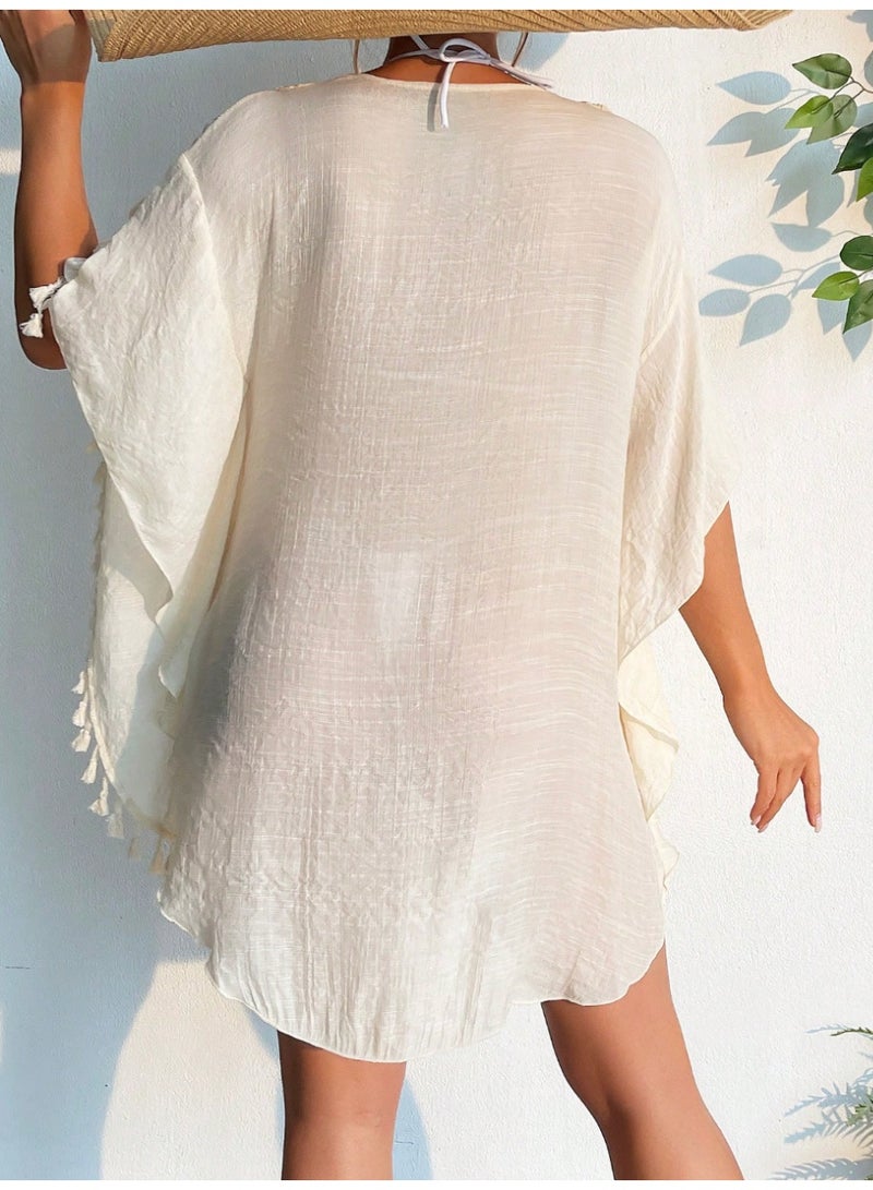 SHEIN Swim Women's Vacation Solid Color Hollow V-Neck Batwing Sleeve Tassel Design Cover-Up Dress For Summer - Image 5