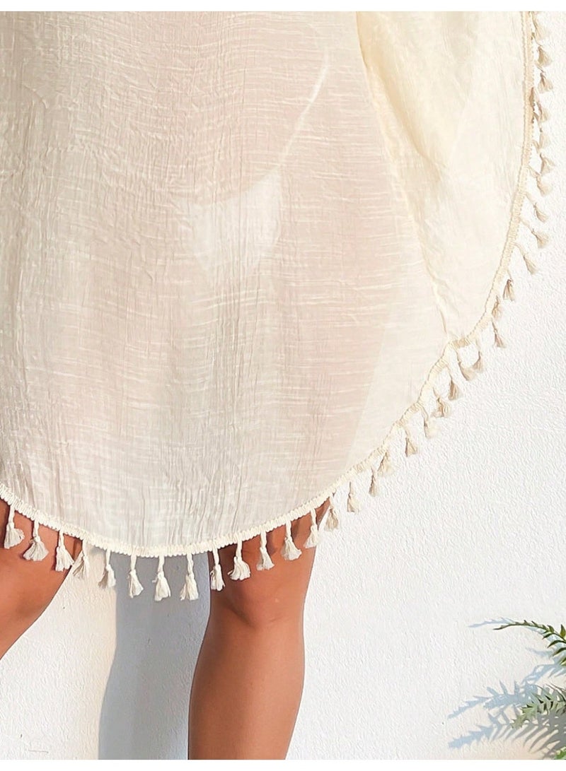 SHEIN Swim Women's Vacation Solid Color Hollow V-Neck Batwing Sleeve Tassel Design Cover-Up Dress For Summer - Image 2