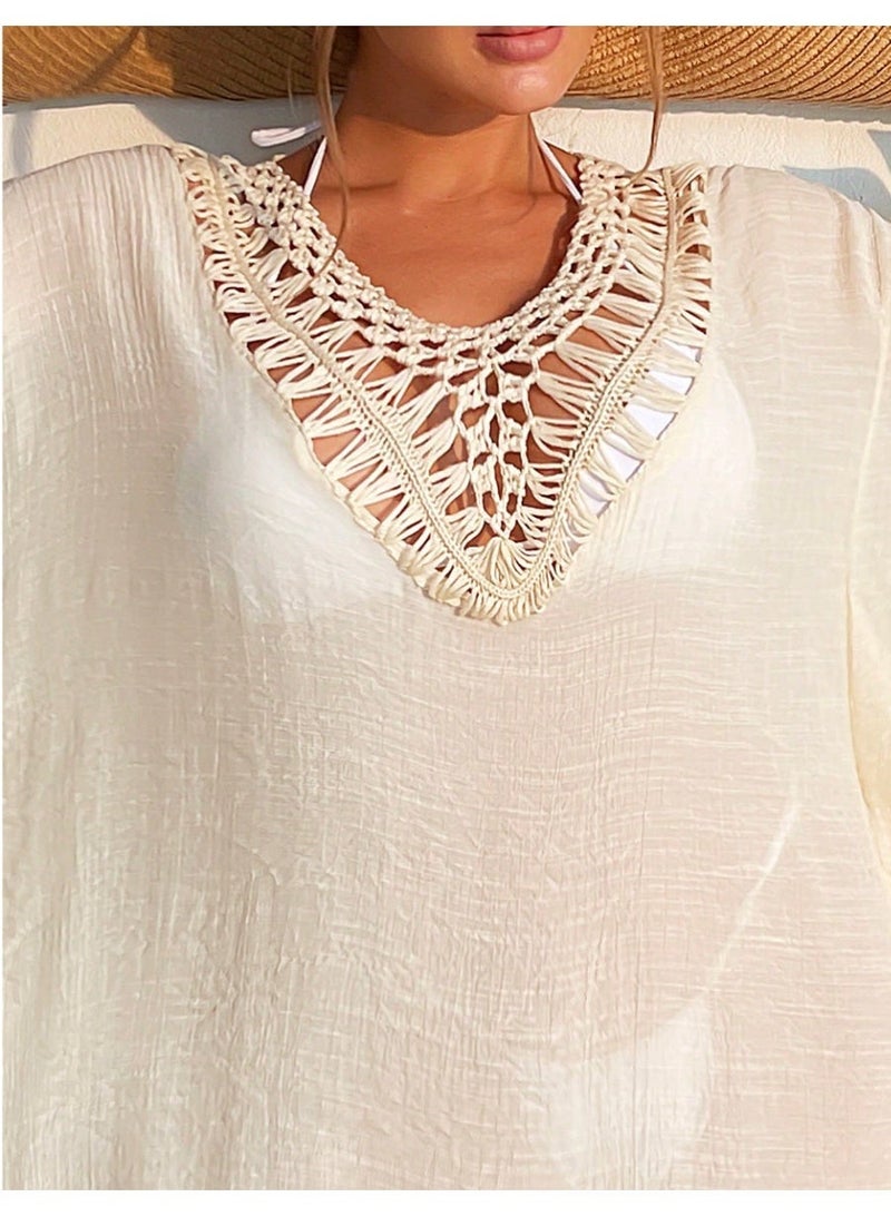 SHEIN Swim Women's Vacation Solid Color Hollow V-Neck Batwing Sleeve Tassel Design Cover-Up Dress For Summer - Image 3