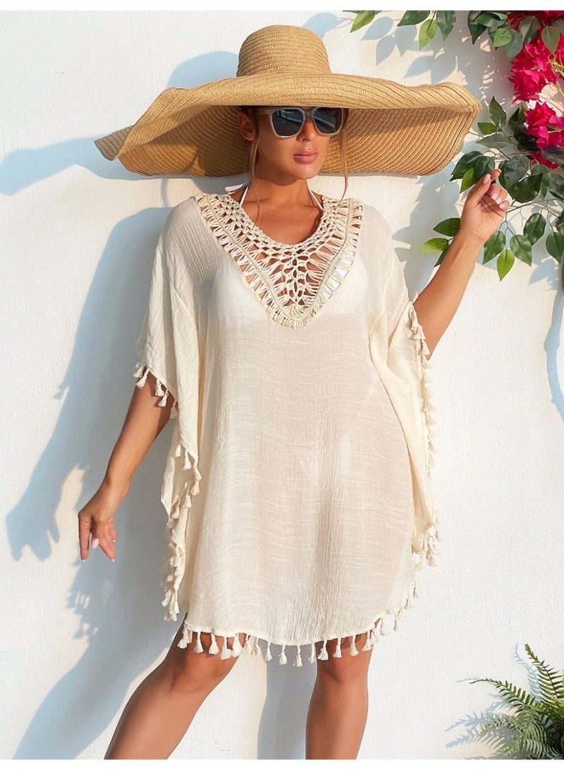 SHEIN Swim Women's Vacation Solid Color Hollow V-Neck Batwing Sleeve Tassel Design Cover-Up Dress For Summer - Image 1