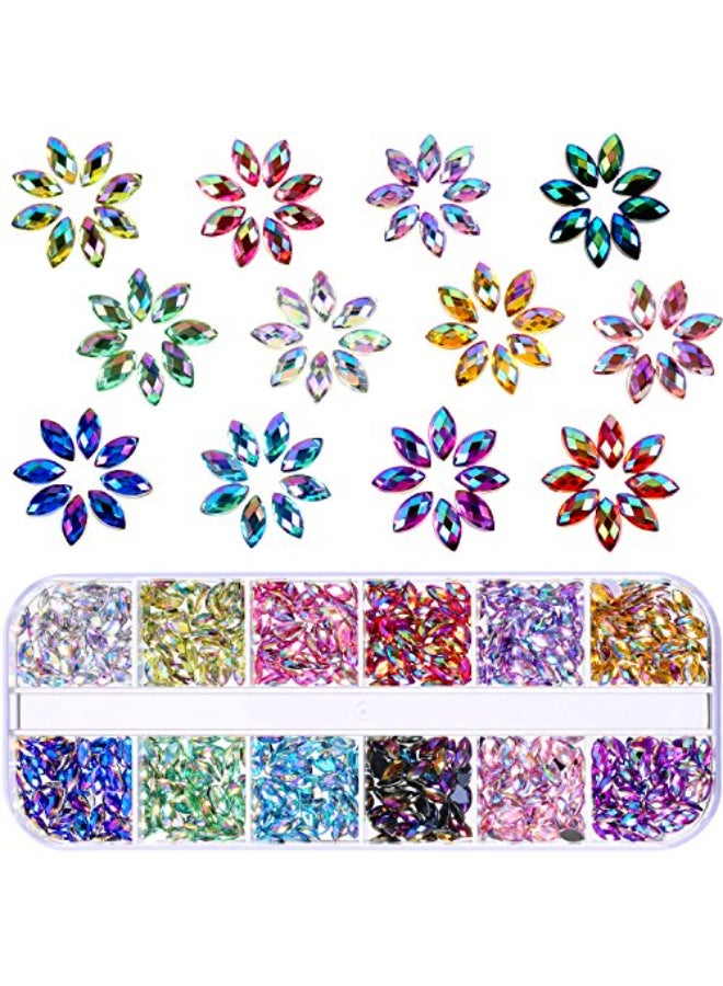 TecUnite تيك يونايت 1200 قطعة 12 لون من الكريستالات اللامعة لأظافر الخيول، كريستالات عيون الخيول، جواهر أظافر مسطحة الخلفية، مستلزمات الزينة مع صندوق - Image 1