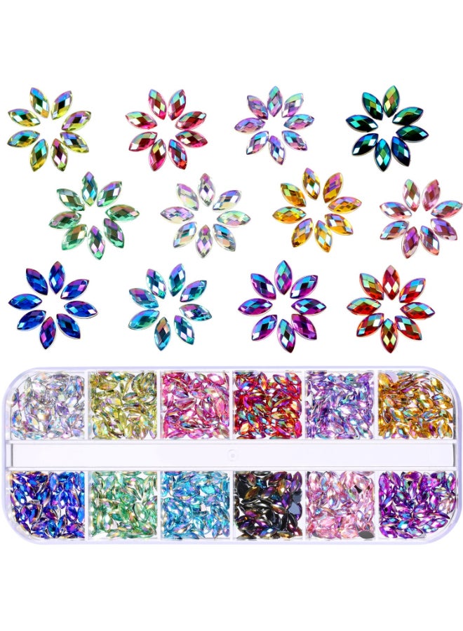 TecUnite تيك يونايت 1200 قطعة 12 لون من الكريستالات اللامعة لأظافر الخيول، كريستالات عيون الخيول، جواهر أظافر مسطحة الخلفية، مستلزمات الزينة مع صندوق - Image 3