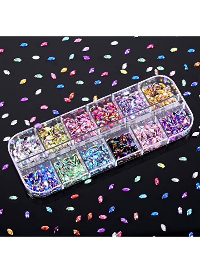 TecUnite تيك يونايت 1200 قطعة 12 لون من الكريستالات اللامعة لأظافر الخيول، كريستالات عيون الخيول، جواهر أظافر مسطحة الخلفية، مستلزمات الزينة مع صندوق - Image 4