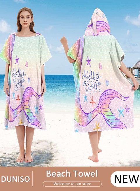 Beach Towel with Hood, Surf Poncho Towel, Quick-Drying Microfibre Fabric Surfing Changing Robe Hooded Poncho, Beach Changing Bathrobe, Swimming Bathrobe for Adults Large (75 x 110 cm,Mermaid Pattern)