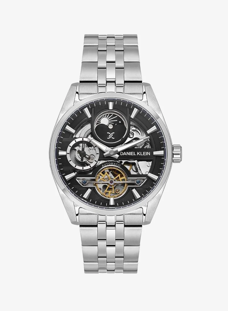 DANIEL KLEIN Men's Stainless Steel Silver Brass Case Analog Black Round Skeleton Dial Automatic Skeleton 50 Meters Water Resistant