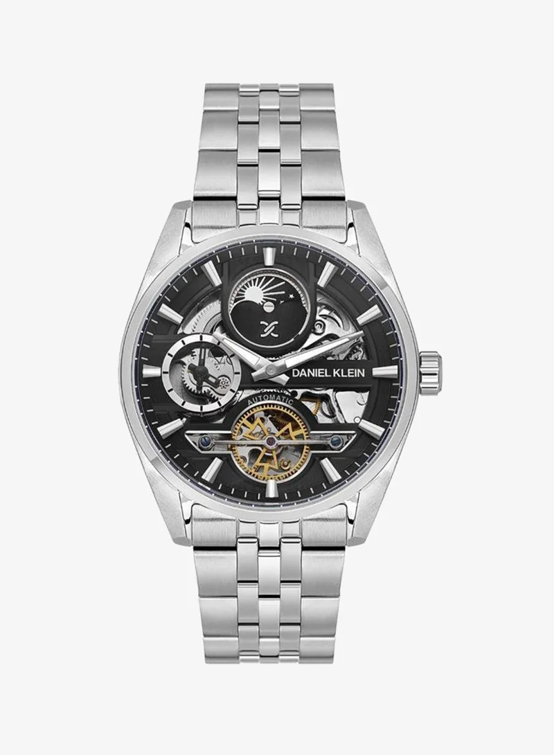 Daniel Klein Men's Stainless Steel Silver Brass Case Analog Black Round Skeleton Dial Automatic Skeleton 50 Meters Water Resistant