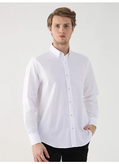 Dufy White Men's Regular Fit Brent Button Collar Long Sleeve Shirt