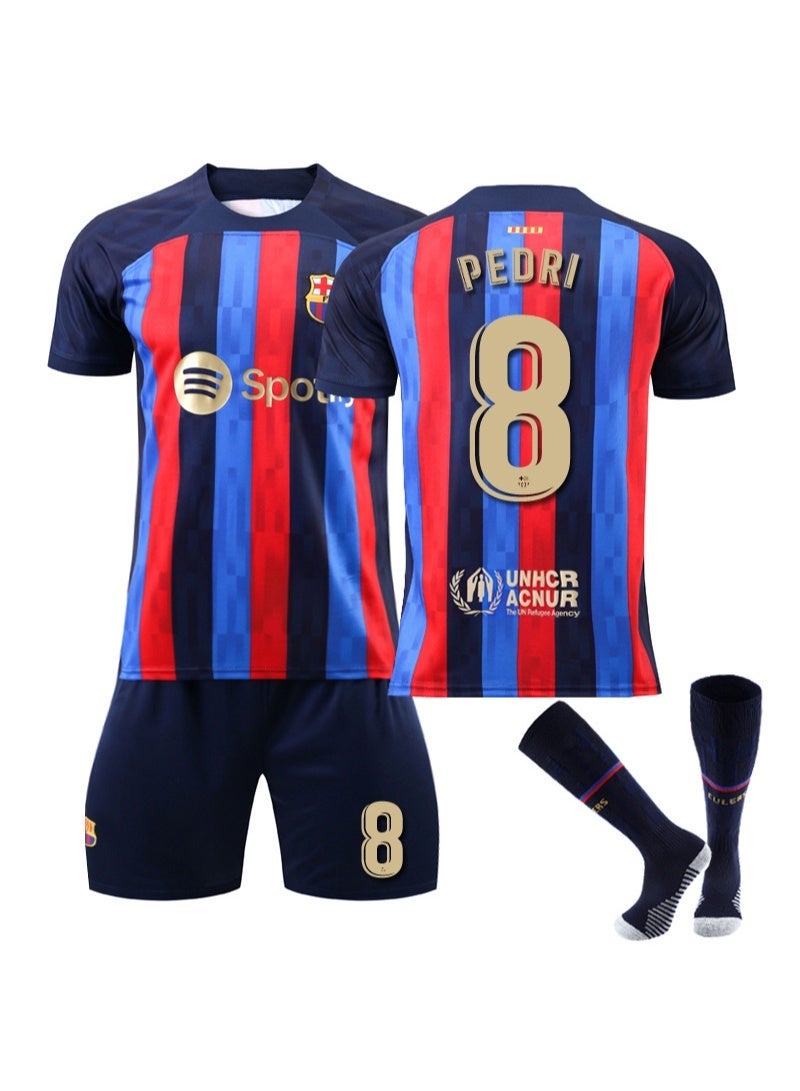 برشلونة المنزل لكرة القدم جيرسي 3 قطع كيت # 8 بيدري جيرسي ، السراويل والجوارب مروحة الإصدار - Image 1