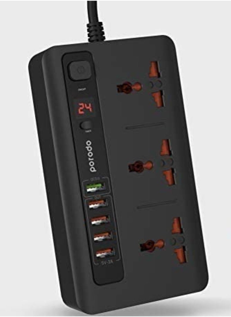 Generic 4 USB Port 3.4A + 1 Quick Charge 3.0 with 3 Universal Power Sockets 10A, Independent Power Switch with Timer,Sockets USB HUBS,Charging Station,Over Heat Protection (Black)  - Image 1