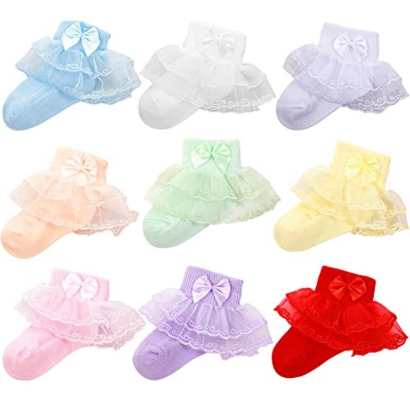 Hillban 9 Pairs Baby Lace Socks Girls' Ruffle Socks for Newborn Infants Princess Frilly Lace Cotton - Image 1