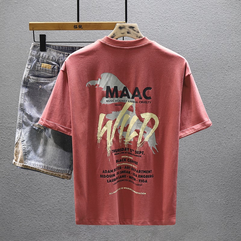 High-end Heavy Cotton Short-sleeved T-shirt Men's 2023 Summer Loose Half-sleeved T-shirt Trendy Brand Printed Top Base Shirt - Image 2
