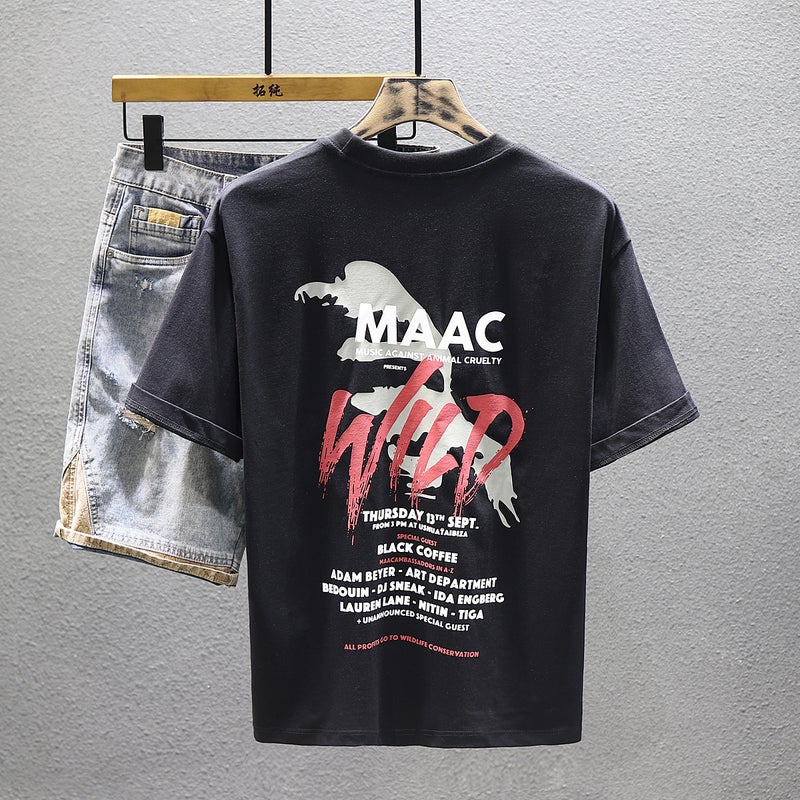High-end Heavy Cotton Short-sleeved T-shirt Men's 2023 Summer Loose Half-sleeved T-shirt Trendy Brand Printed Top Base Shirt - Image 4
