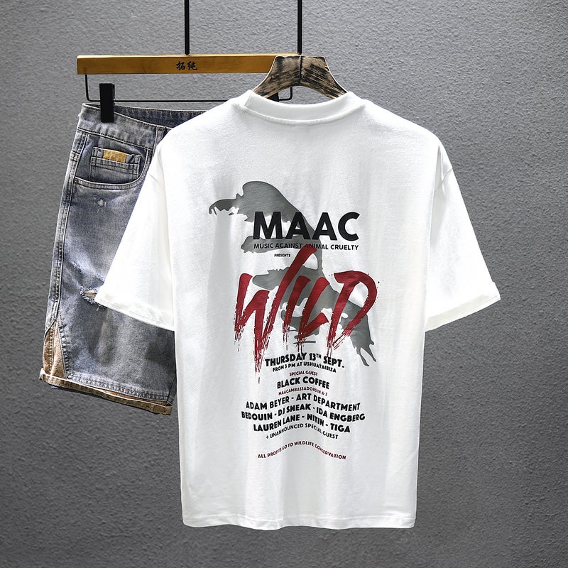 High-end Heavy Cotton Short-sleeved T-shirt Men's 2023 Summer Loose Half-sleeved T-shirt Trendy Brand Printed Top Base Shirt - Image 5