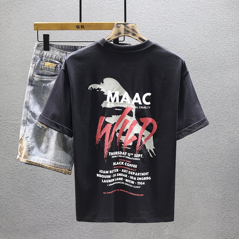 High-end Heavy Cotton Short-sleeved T-shirt Men's 2023 Summer Loose Half-sleeved T-shirt Trendy Brand Printed Top Base Shirt - Image 1