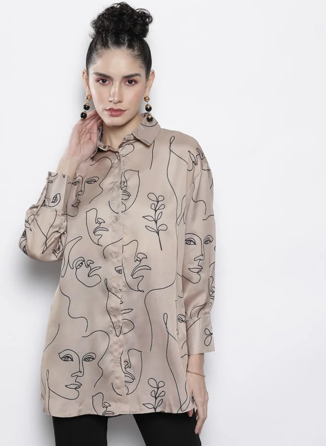 ساسافراس Champagne Line Art Printed Casual Shirt for Women