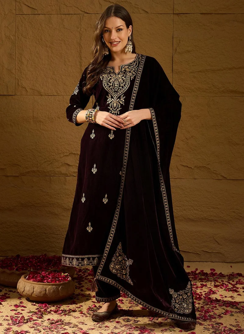 ZERESOUQ Purple Velvet Solid Embroidered Straight 3-Piece Suit Set