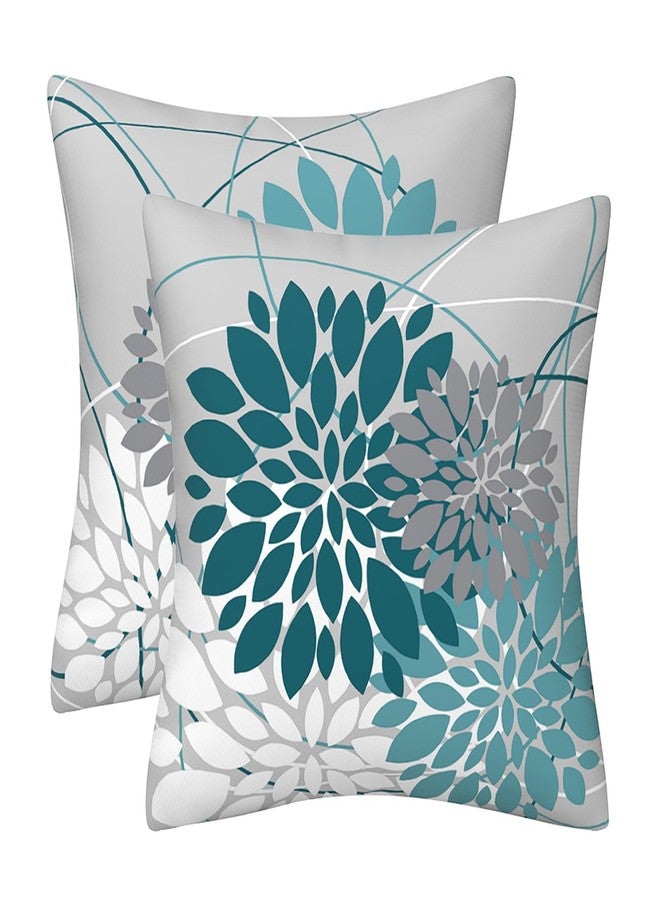 Drmstow Teal Dahlia Pillow Cover 18x18 Inch Spring Summer Blue Throw Pillow Covers Gray Turquoise Geometric Floral Line Cushion Case Farmhouse Outdoor Home Decor for Sofa Bed Living Room, Set of 2 - Image 1