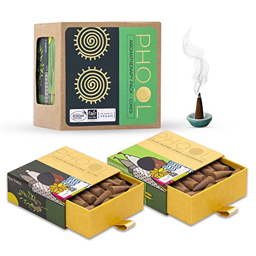 PHOOL LUXURY INCENSE أباريق بخور فُل الفخامة، عبوة العلاج العطري 80 بخور عضوي لشجرة الشاي وعشب الليمون + حامل خزفي مجاني 2، بخور، خالٍ من الكبريت والفحم، عضوي 100% (500 جرام) - Image 1