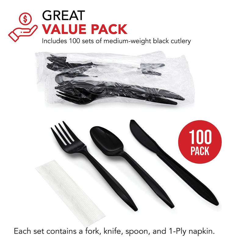 Party Essentials Individually Wrapped Plastic Cutlery Packets/Silverware Kits  Black Fork/Spoon/Knife/Napkin  100 Sets - Image 1