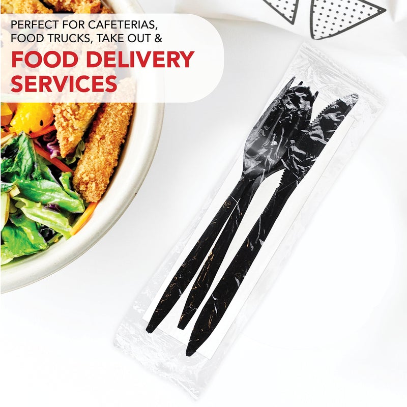 Party Essentials Individually Wrapped Plastic Cutlery Packets/Silverware Kits  Black Fork/Spoon/Knife/Napkin  100 Sets - Image 4