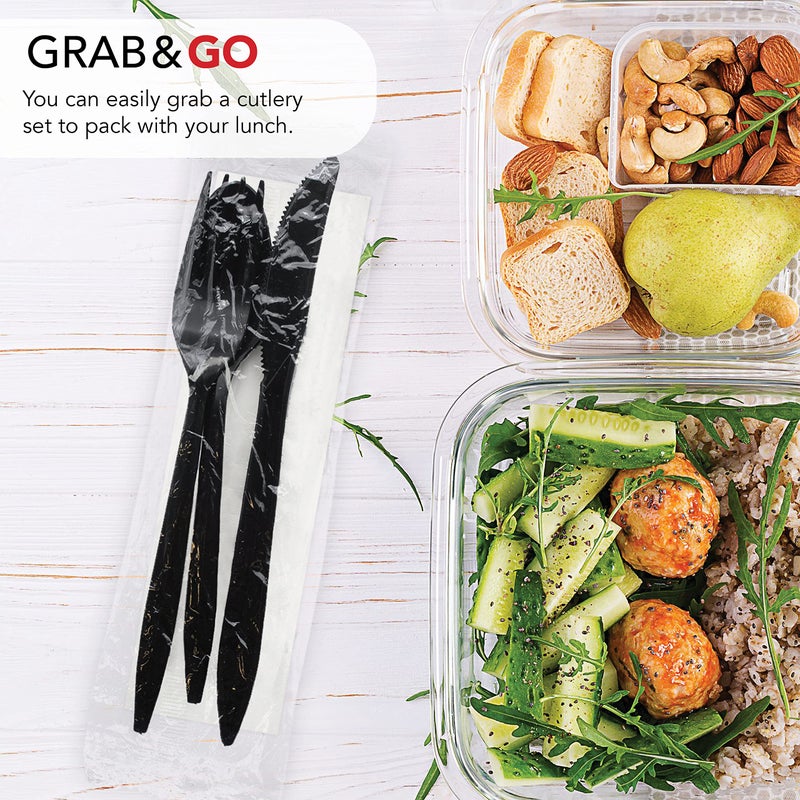 Party Essentials Individually Wrapped Plastic Cutlery Packets/Silverware Kits  Black Fork/Spoon/Knife/Napkin  100 Sets - Image 2