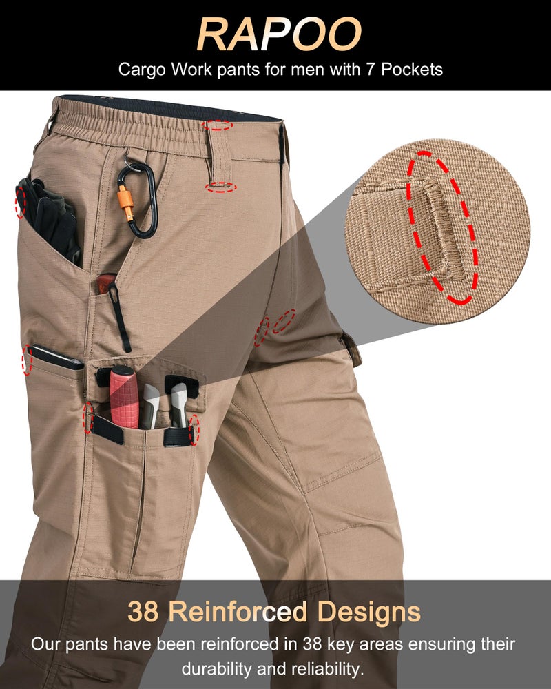 Rapoo Tactical Pants for Men Cargo Hiking Working Military Army Hunting Pants for Men with Pockets Mens Ripstop Construction Carpenter Outdoor Pants Khaki 34Wx30L - Image 2
