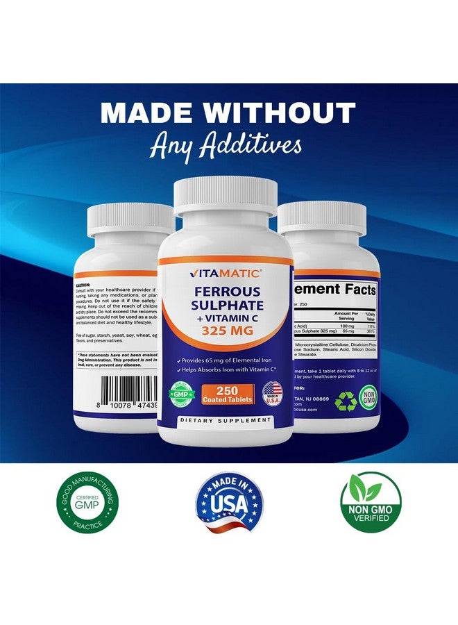 فيتاماتيك كبريتات الحديدوز 325 ملغ مع فيتامين سي 100 ملغ (65 ملغ حديد عنصري) - مكمل غذائي عالي الفعالية من الحديد - بدون ألوان صناعية - 250 قرصًا مغلفًا، صنع في الولايات المتحدة الأمريكية - Image 5