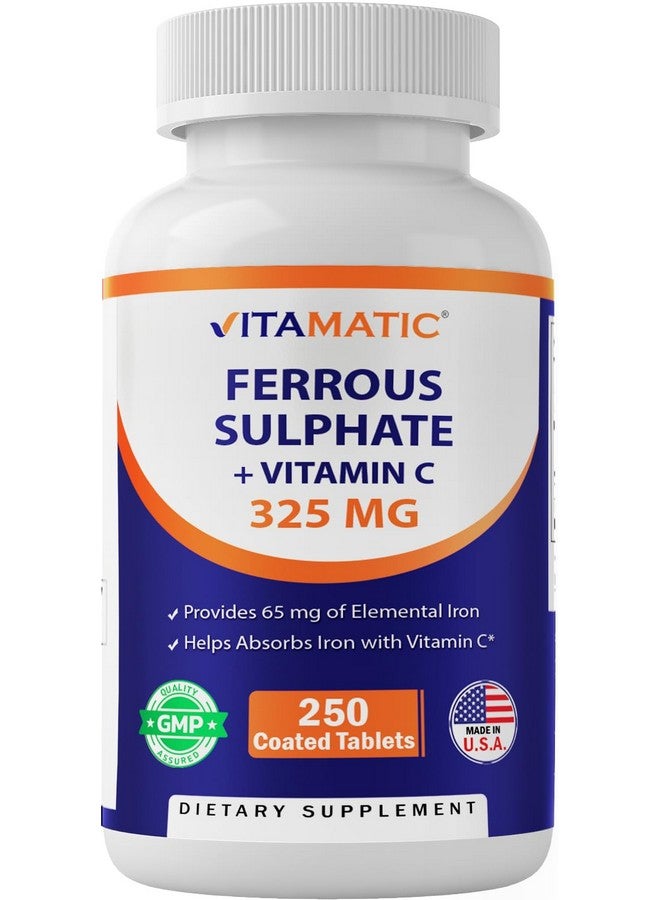 فيتاماتيك كبريتات الحديدوز 325 ملغ مع فيتامين سي 100 ملغ (65 ملغ حديد عنصري) - مكمل غذائي عالي الفعالية من الحديد - بدون ألوان صناعية - 250 قرصًا مغلفًا، صنع في الولايات المتحدة الأمريكية - Image 1
