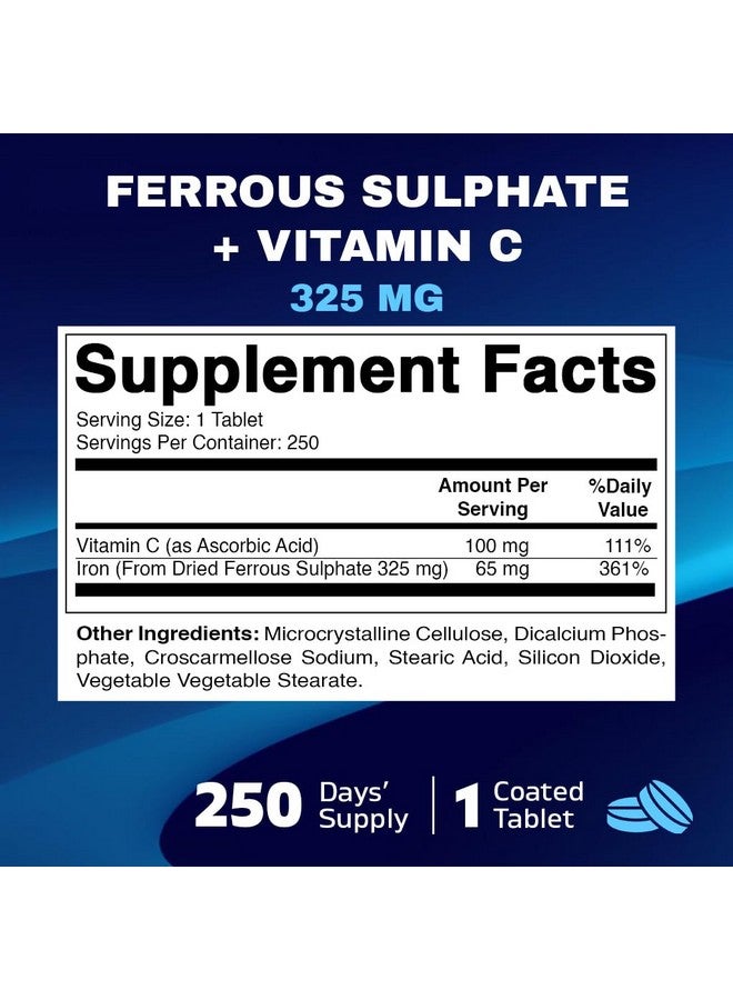 فيتاماتيك كبريتات الحديدوز 325 ملغ مع فيتامين سي 100 ملغ (65 ملغ حديد عنصري) - مكمل غذائي عالي الفعالية من الحديد - بدون ألوان صناعية - 250 قرصًا مغلفًا، صنع في الولايات المتحدة الأمريكية - Image 2