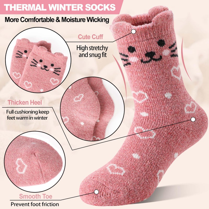 Welwoos Kids Girls Toddlers Merino Wool Cat Socks Thermal Winter Warm Thick Cozy Cute Funny Crew Socks 6 Pairs(Heart Cat,M) - Image 3
