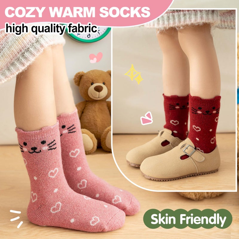 Welwoos Kids Girls Toddlers Merino Wool Cat Socks Thermal Winter Warm Thick Cozy Cute Funny Crew Socks 6 Pairs(Heart Cat,M) - Image 5