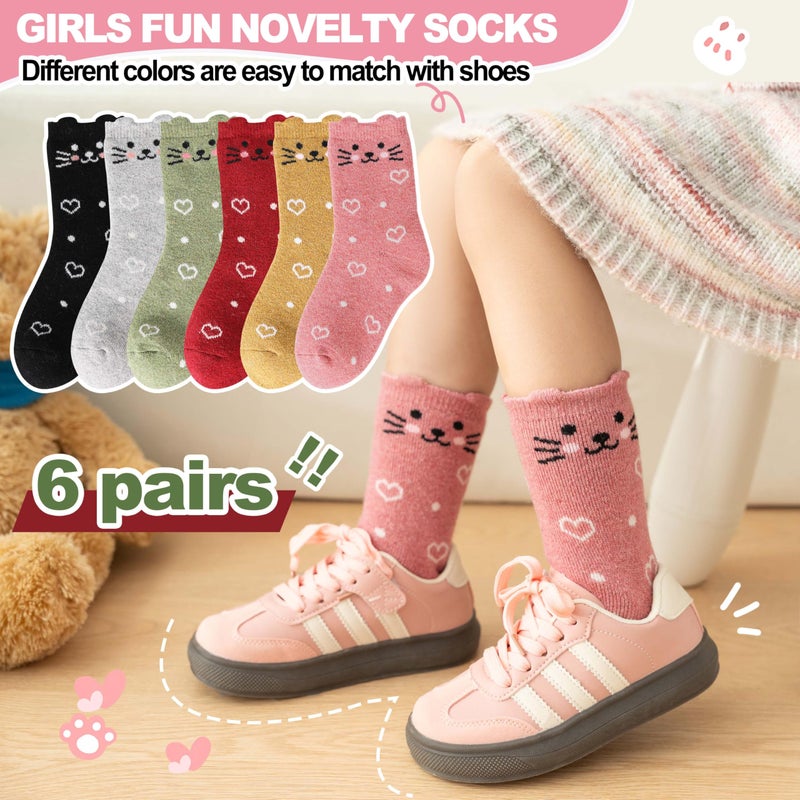 Welwoos Kids Girls Toddlers Merino Wool Cat Socks Thermal Winter Warm Thick Cozy Cute Funny Crew Socks 6 Pairs(Heart Cat,M) - Image 4