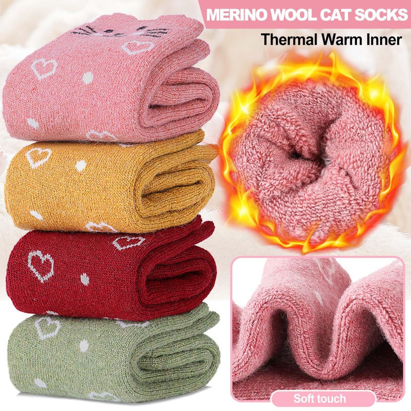 Welwoos Kids Girls Toddlers Merino Wool Cat Socks Thermal Winter Warm Thick Cozy Cute Funny Crew Socks 6 Pairs(Heart Cat,M) - Image 2