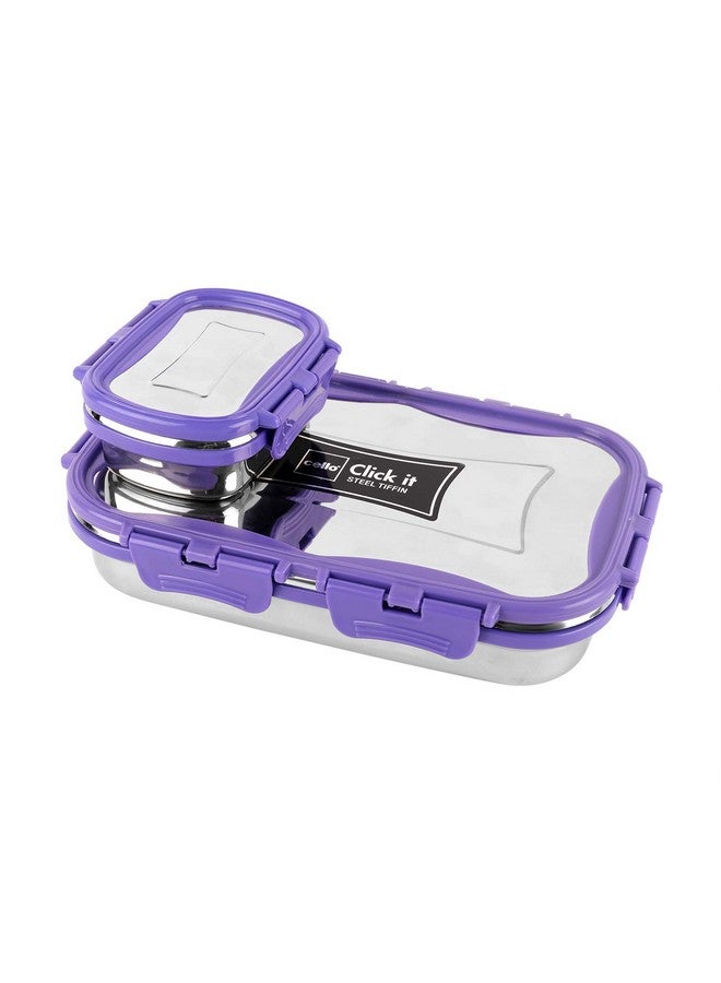 Cello CELLO Click it Steel Insulated Lunch Box, Big, 1024ml, Violet | 2 Container Tiffin for Adults | Snacks Tiffin for Kids with Veg Box | Leak-Proof & Unbreakable Lid | Ideal for Office, School, College  - Image 1