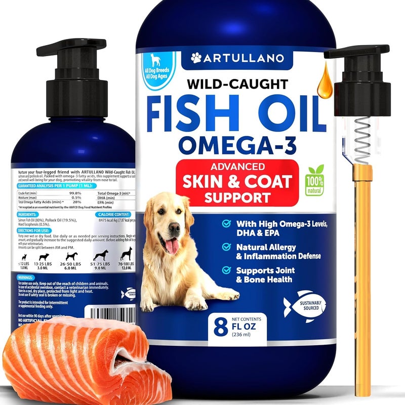 Artullano Omega 3 Fish Oil for Dogs - Better Than Salmon Oil - Skin and Coat Defense Liquid Supplement for Allergy Relief - High EPA & DHA for Shedding, Mobility, Itching, Joint & Bone Health Support - 8 FL OZ - Image 1