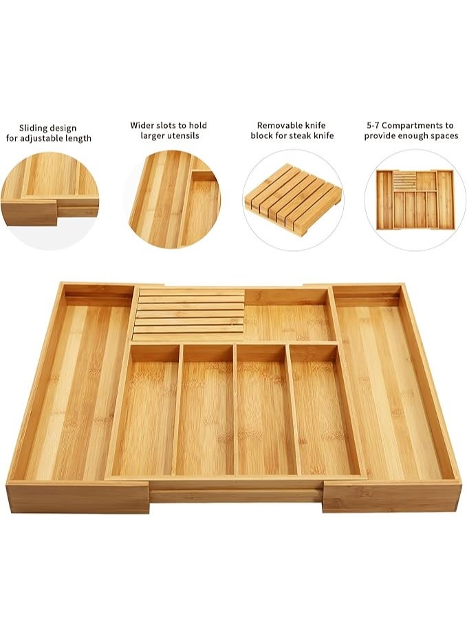 منظم أدراج أدوات المائدة من الخيزران للمطبخ، حامل لأدوات قابل للتوسيع مع 7 فواصل، لتخزين وجزء السكاكين متعدد الاستخدامات - Image 1