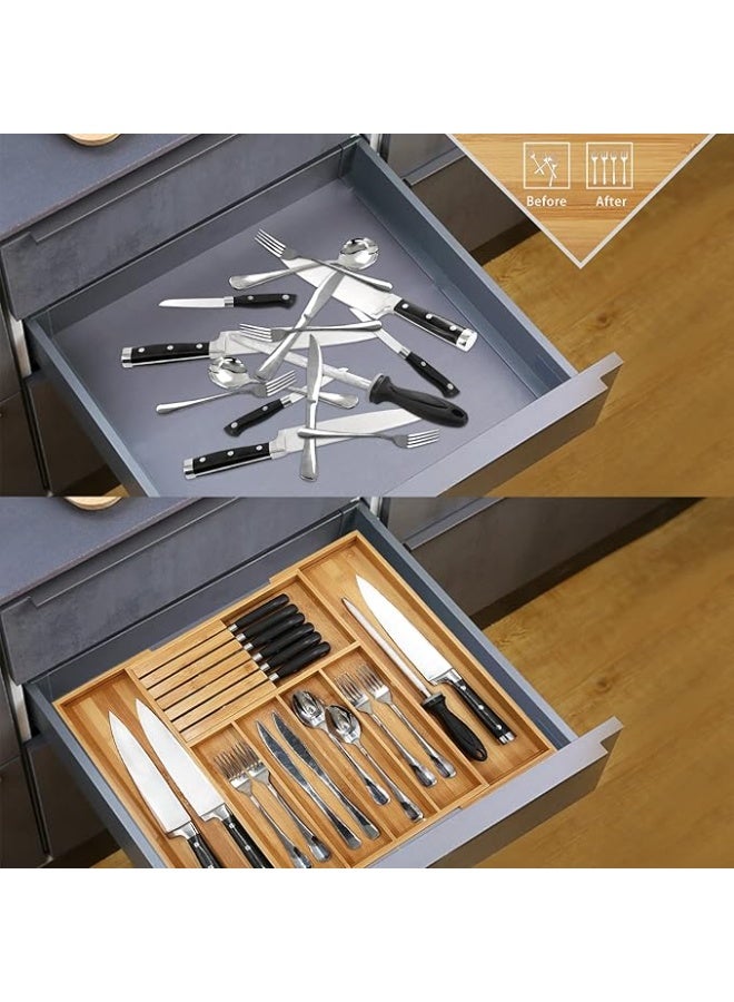 منظم أدراج أدوات المائدة من الخيزران للمطبخ، حامل لأدوات قابل للتوسيع مع 7 فواصل، لتخزين وجزء السكاكين متعدد الاستخدامات - Image 3