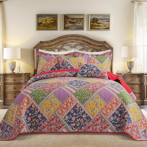 BEDIFANY Cotton King Quilt Set - Vintage Farmhouse Bedspread with Vibrant Floral Pattern, 3-Piece Lightweight Coverlet (98x106 Inch) + 2 Pillow Shams, All Seasons Multicolor Quilt Bedding Set - Image 1