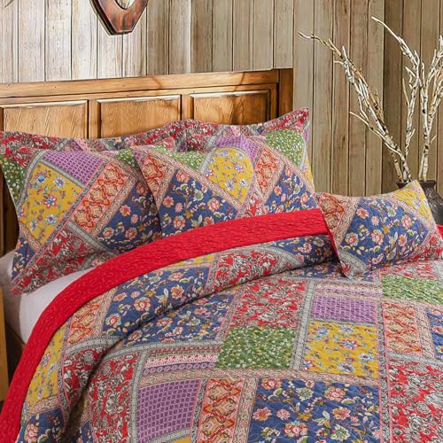 BEDIFANY Cotton King Quilt Set - Vintage Farmhouse Bedspread with Vibrant Floral Pattern, 3-Piece Lightweight Coverlet (98x106 Inch) + 2 Pillow Shams, All Seasons Multicolor Quilt Bedding Set - Image 3